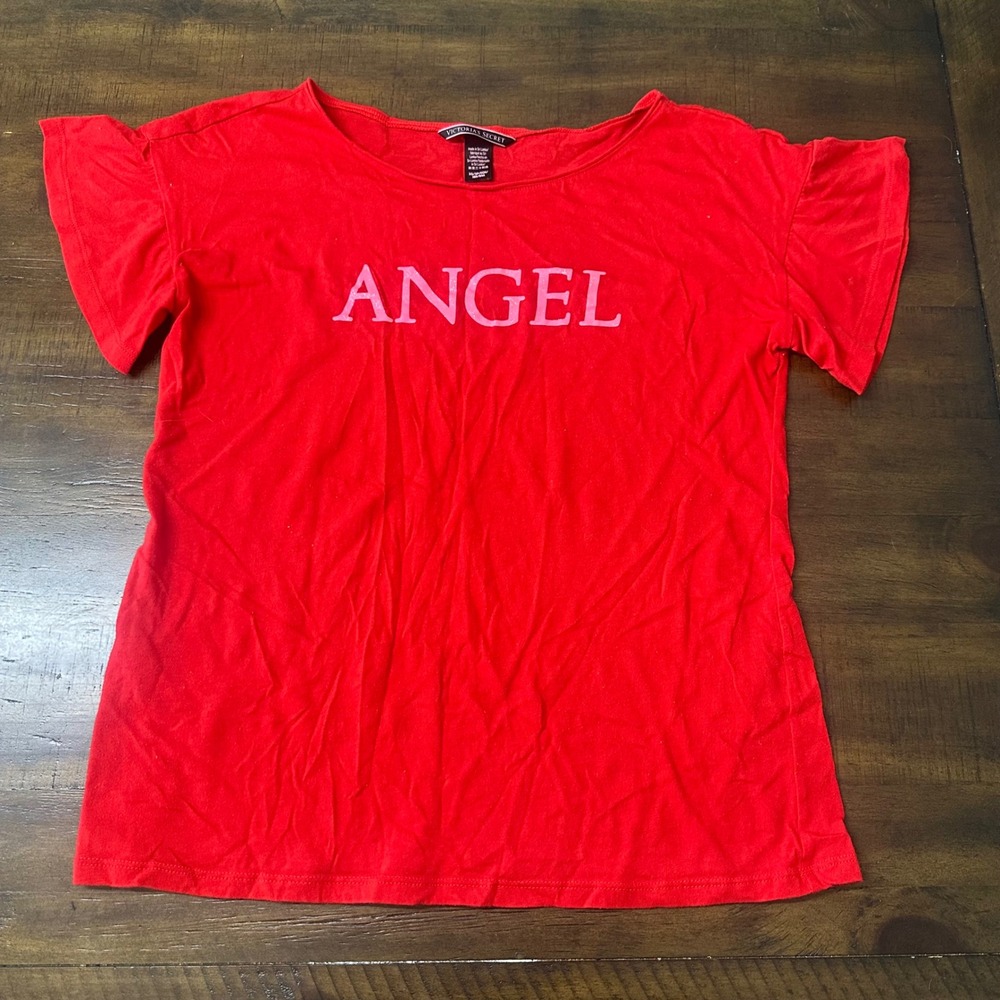 Victorias Secret Angel Graphic‎ Tee Red Flutter Sleeve Pink Glitter Shirt XS